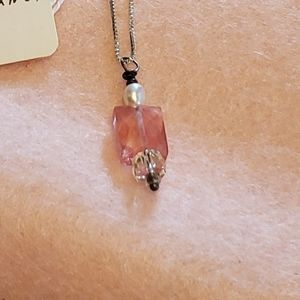 Pink Garnet, Pearl & Crystal Necklace on Silver Chain